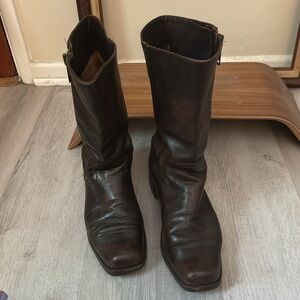 Frye engineer boots, outer zip, chocolate brown buttery leather